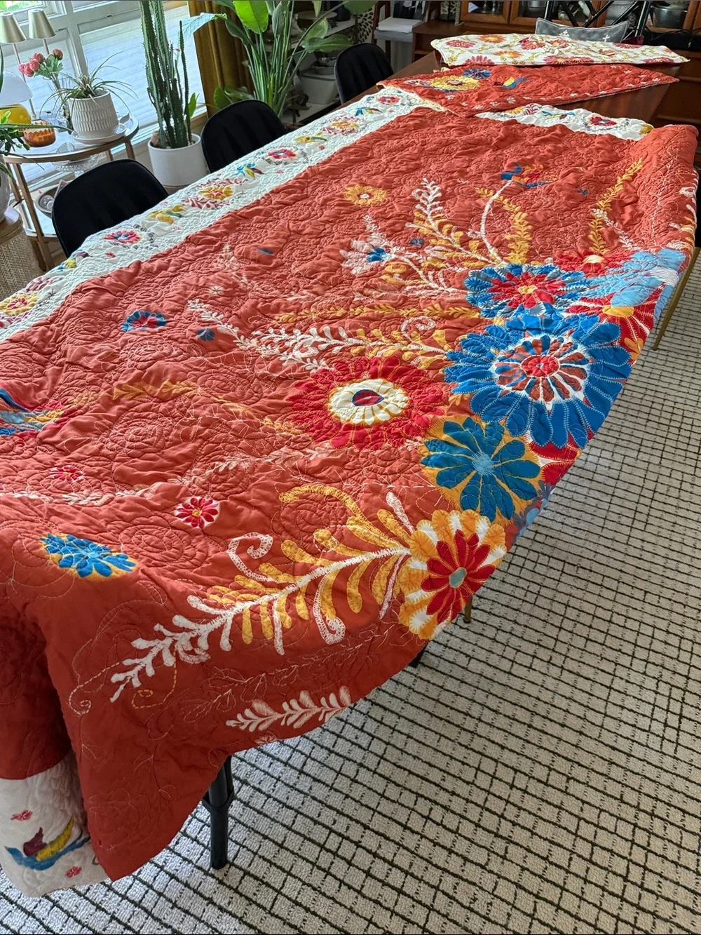 King size, Handcrafted Floral Quilt - Rust and White, multi colored